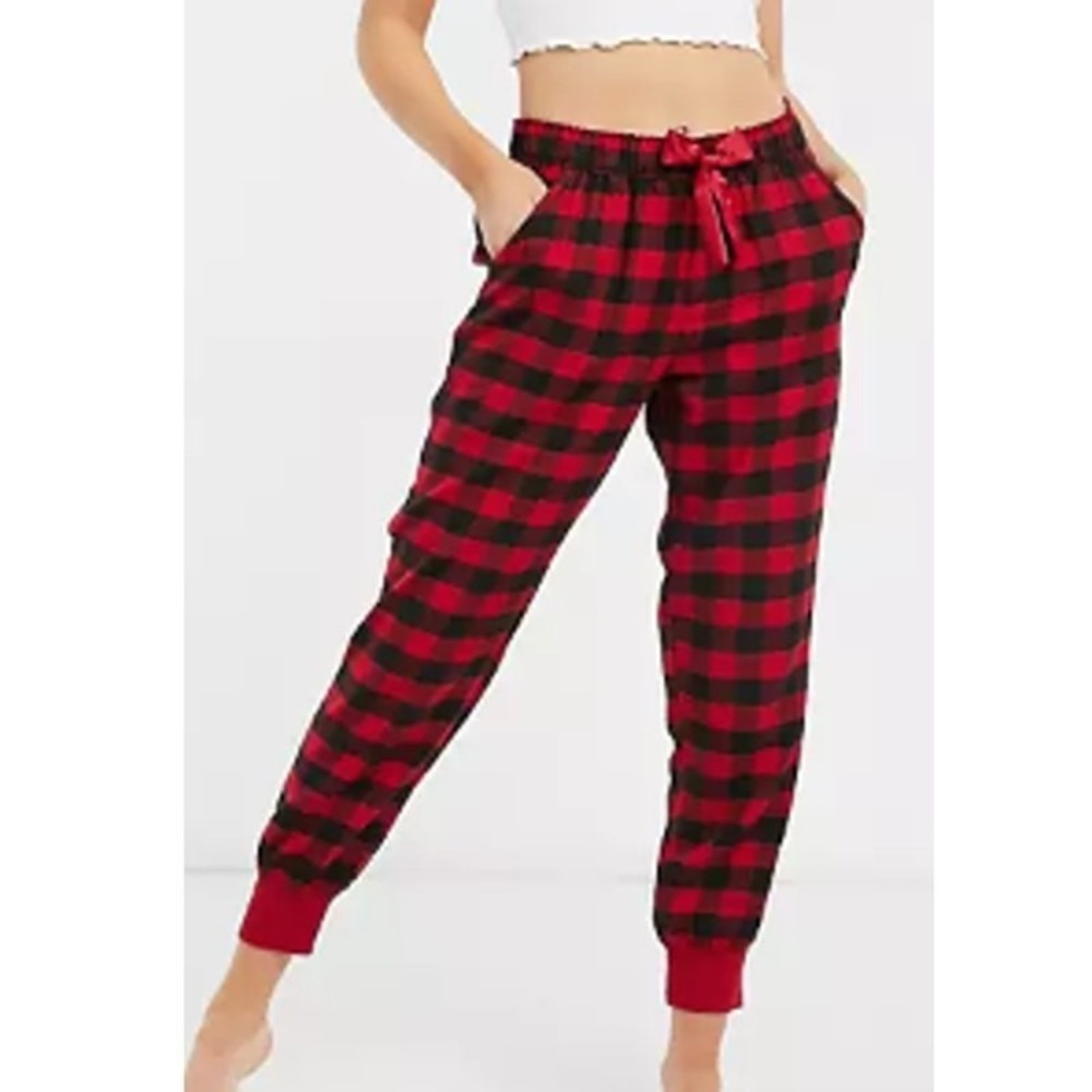 Hollister Checkered Pull On Buffalo Plaid Fleece Sleep Jogger Pants Red Cozy S